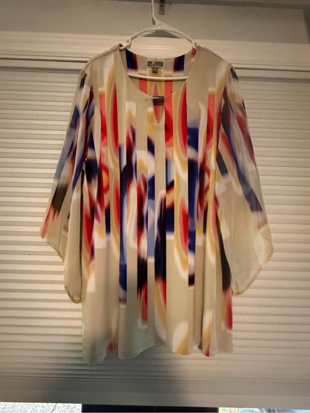 JM Collection Cream Tunic with Red, Blue & Yellow Abstract Stripes